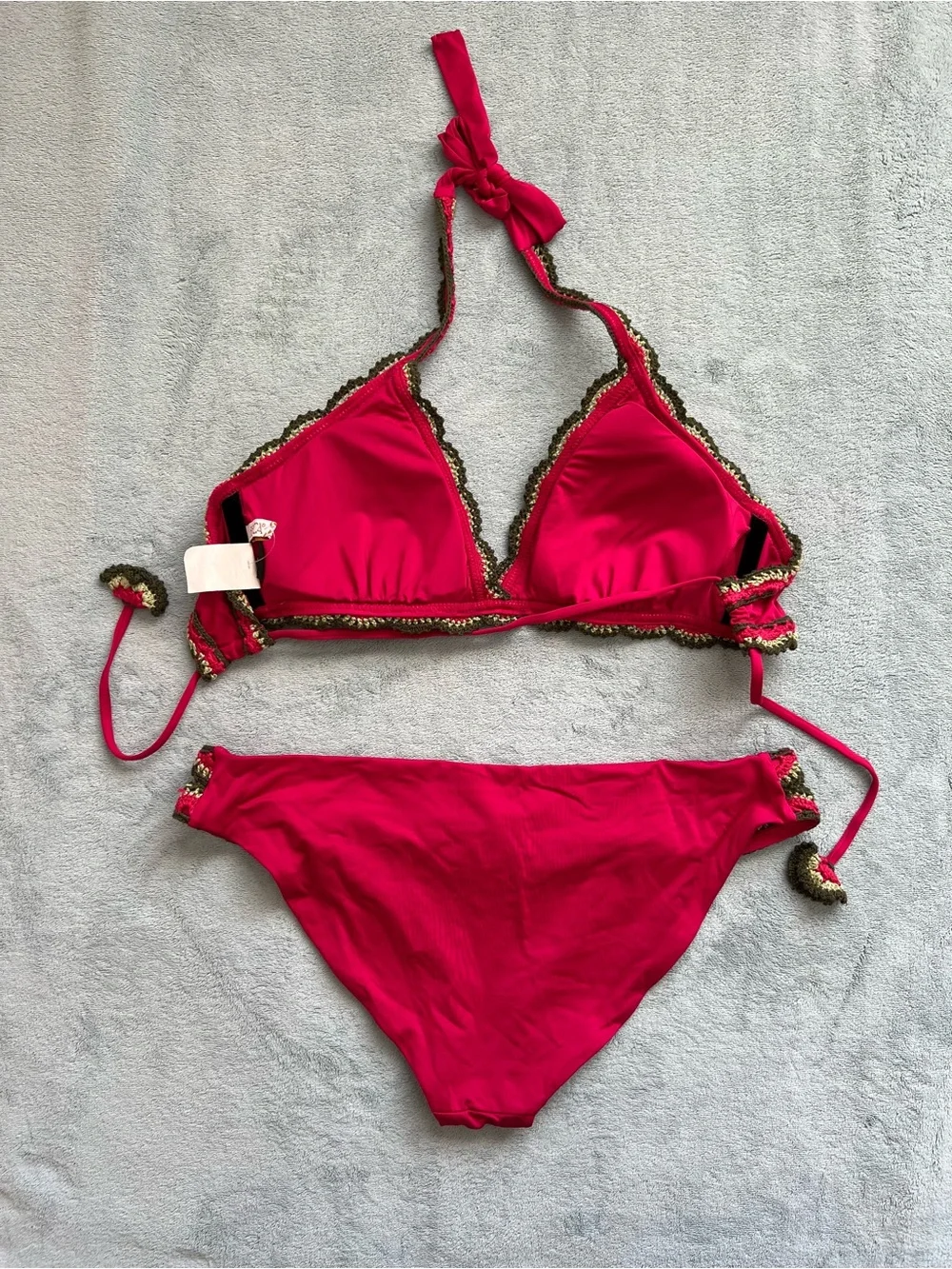 Becca Pink Crochet Trim Halter Bikini Set Women’s Large D Cup Boho Swim